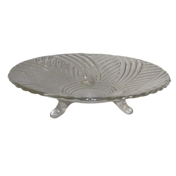 Vintage Clear 10" Glass Serving Bowl Swirl Spiral Pattern 3 Toed Footed Pedestal - Picture 1 of 10